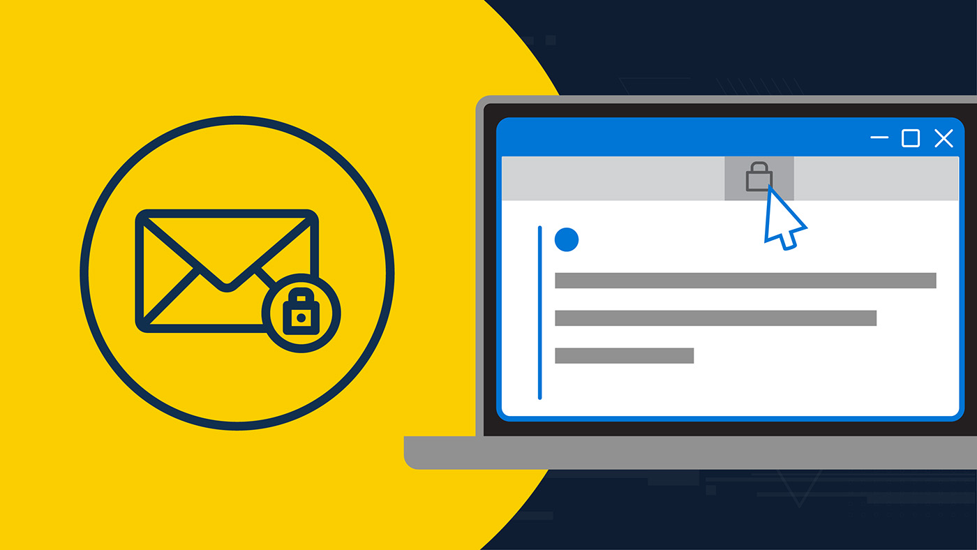 Illustration of a computer screen and a lock, depicting protected email.